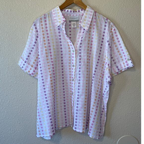 Alfred Dunner Petite Polka Dot White Pink Purple Short Sleeve Button Up Top PXL - Picture 1 of 10